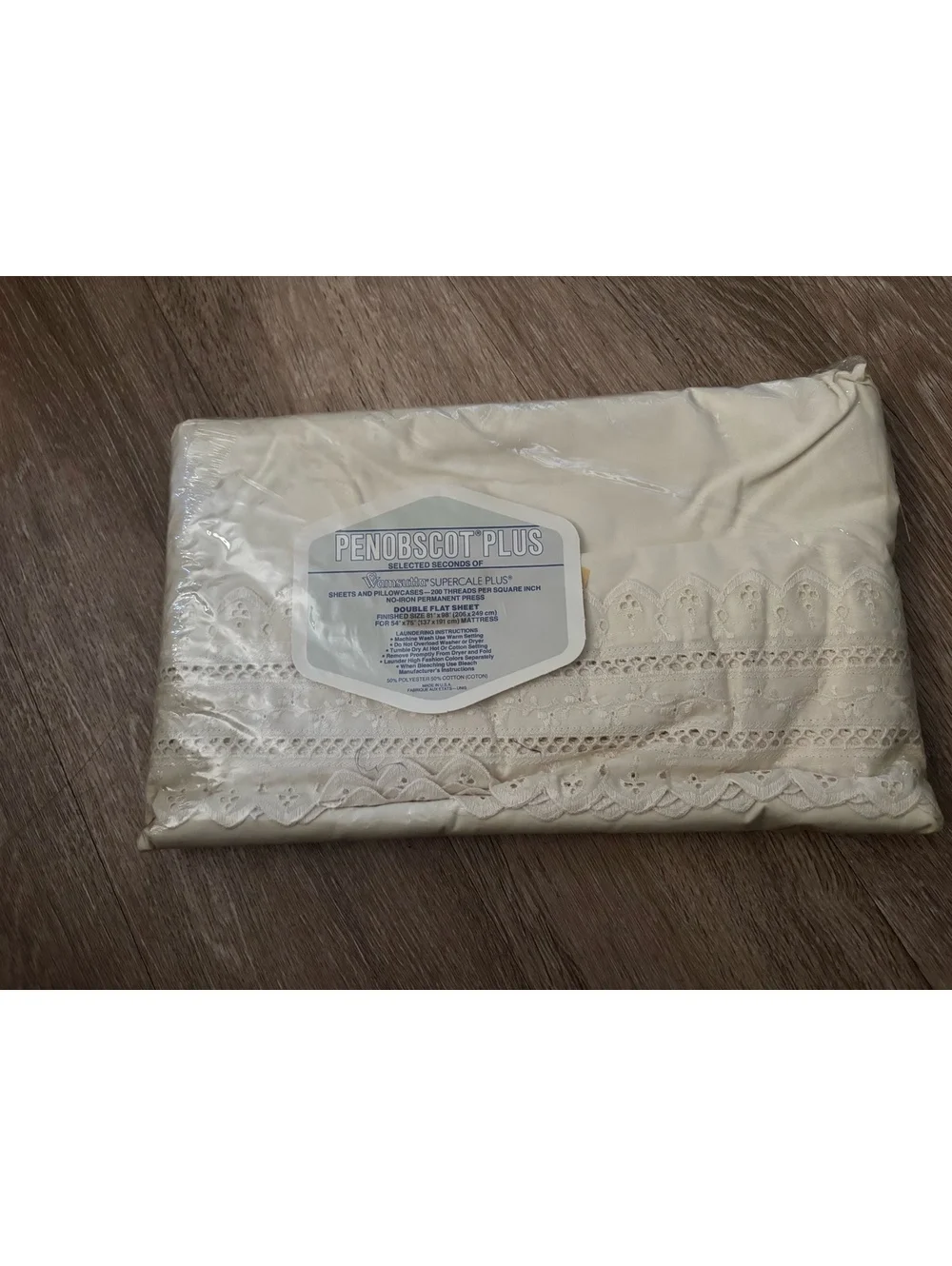 Vtg Wamsutta Penobscot Plus Beige Eyelet Double Flat Sheet NOS Wamsutta d6